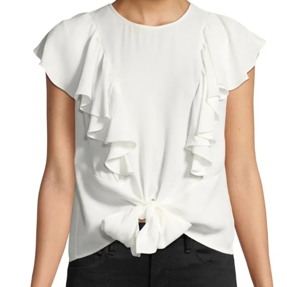 Frame Flutter Ruffled Tie Front Button Back Top Ivory Off White Cap Sleeve - Picture 8 of 14